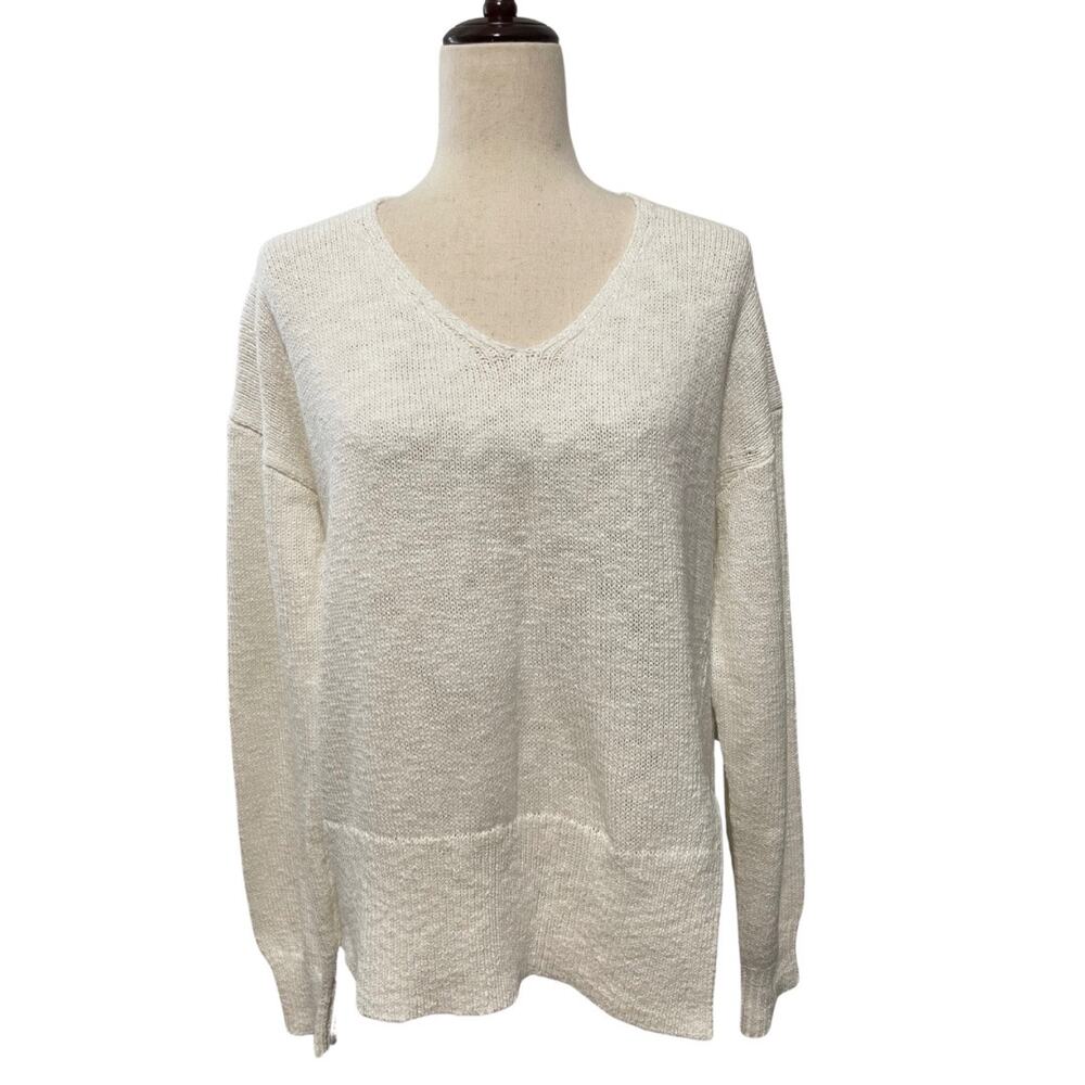 Bobi Women’s V-Neck Cotton Knit Sweater Side Slit Long Sleeve Ivory NWT Size L
